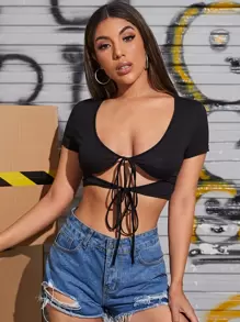 SHEIN Tie Front Crop Top - Black - View 1