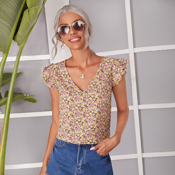 

Ditsy Floral V-neck Ruffle Armhole Top, Multicolor