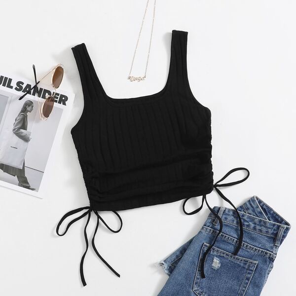 

Drawstring Ruched Side Rib-knit Crop Cami Top, Black