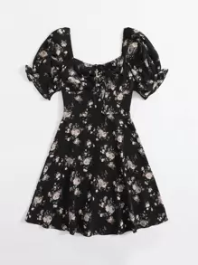 Soleia 滿版印花荷葉邊袖抽褶結飾胸洋裝