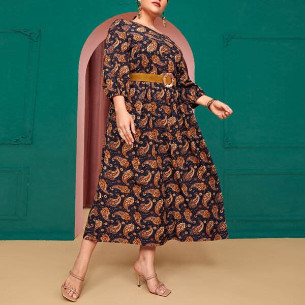 

Plus Paisley Print Dress Without Belt, Multicolor