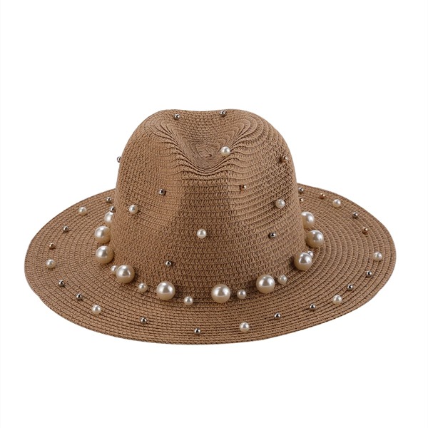

Faux Pearl Decor Straw Hat, Khaki