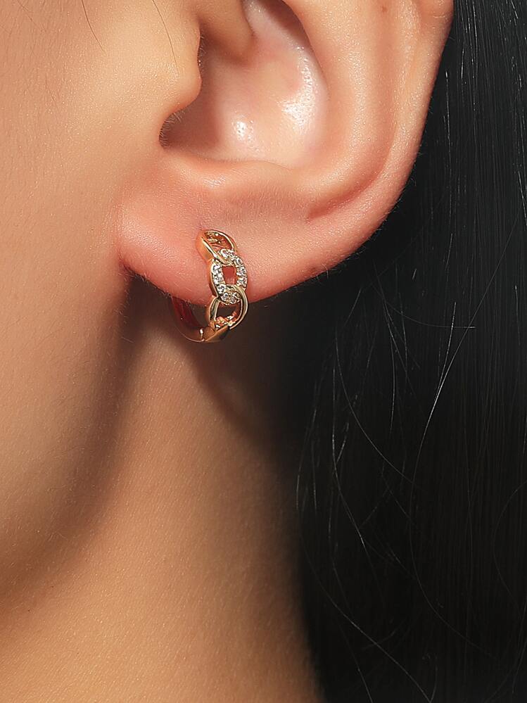 方晶鋯石裝飾鏈條設計耳環 - 金黃色 - 查看 1