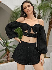 SHEIN VCAY Cold Shoulder Lantern Sleeve Peekaboo Tie Front Schiffy Crop Top & Shorts Set - Black - View 1