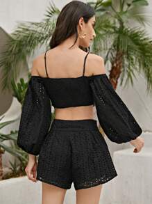 SHEIN VCAY Cold Shoulder Lantern Sleeve Peekaboo Tie Front Schiffy Crop Top & Shorts Set - Black - View 2