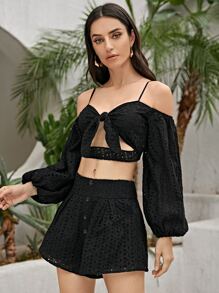 SHEIN VCAY Cold Shoulder Lantern Sleeve Peekaboo Tie Front Schiffy Crop Top & Shorts Set - Black - View 5