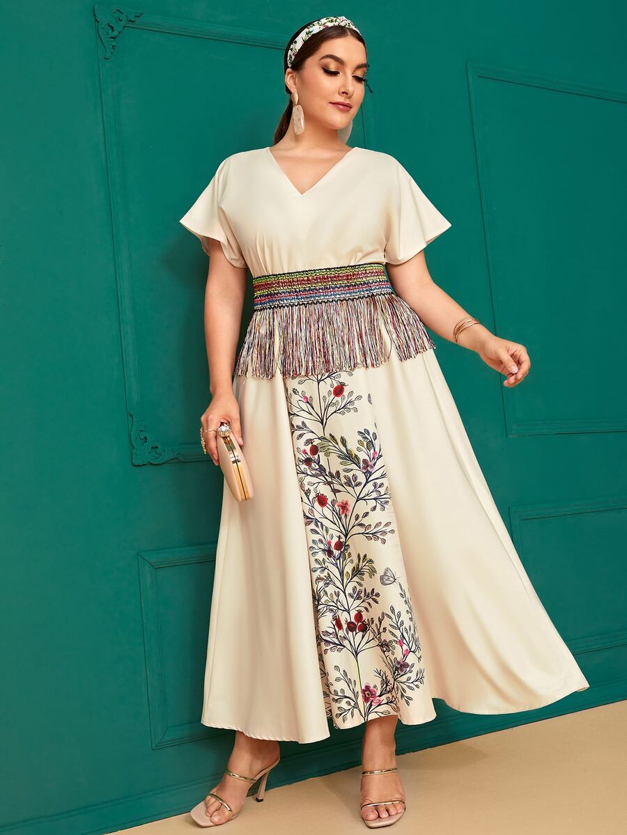 Plus Fringe Waist Corset Floral Panel Dress - Beige - View 1