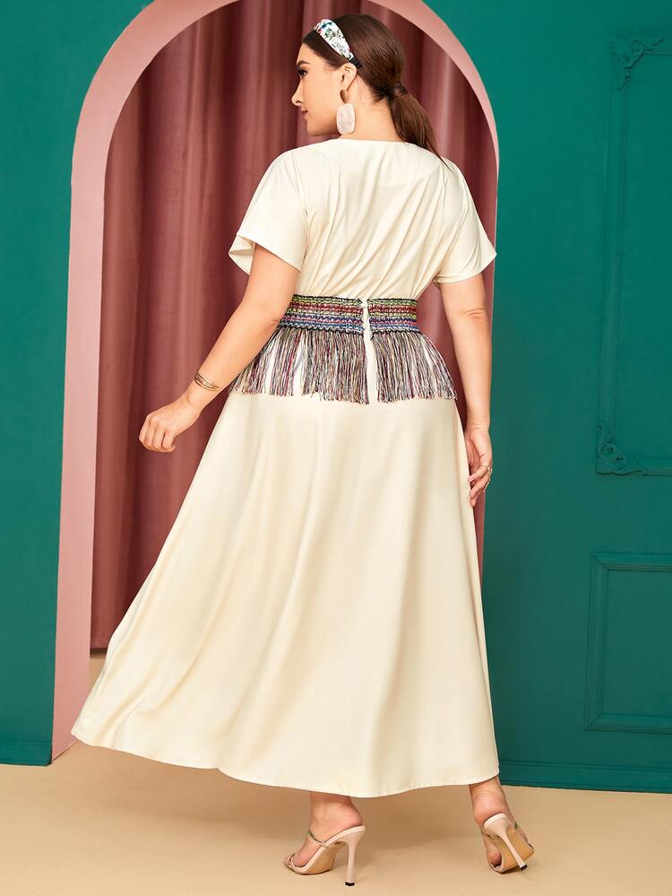 Plus Fringe Waist Corset Floral Panel Dress - Beige - View 2