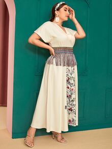 Plus Fringe Waist Corset Floral Panel Dress - Beige - View 3