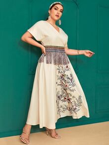 Plus Fringe Waist Corset Floral Panel Dress - Beige - View 4