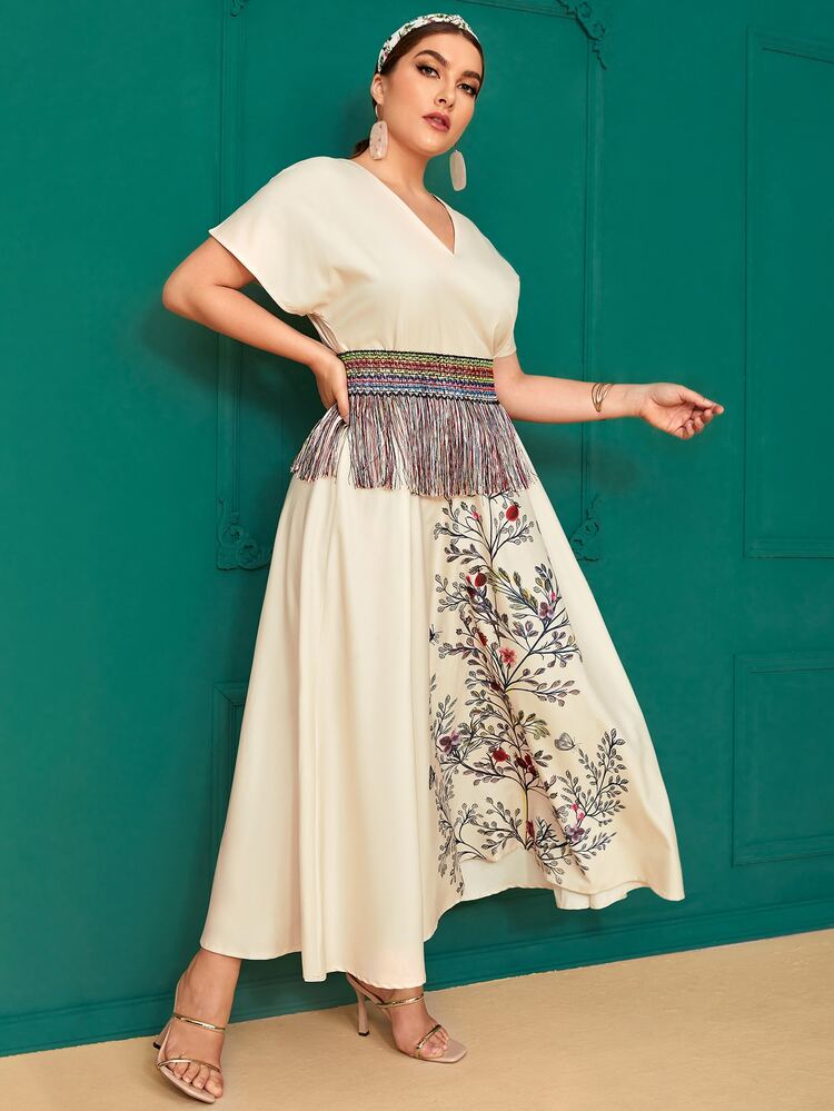 Plus Fringe Waist Corset Floral Panel Dress - Beige - View 4