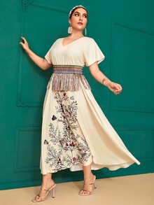 Plus Fringe Waist Corset Floral Panel Dress - Beige - View 5