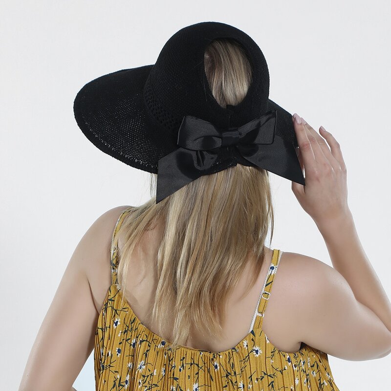 

Bow Decor Straw Hat, Black