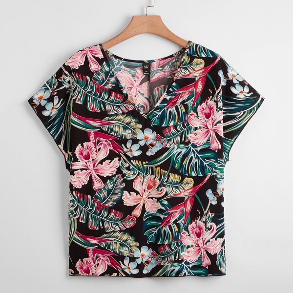 

Plus Tropical Print Batwing Sleeve Blouse, Multicolor