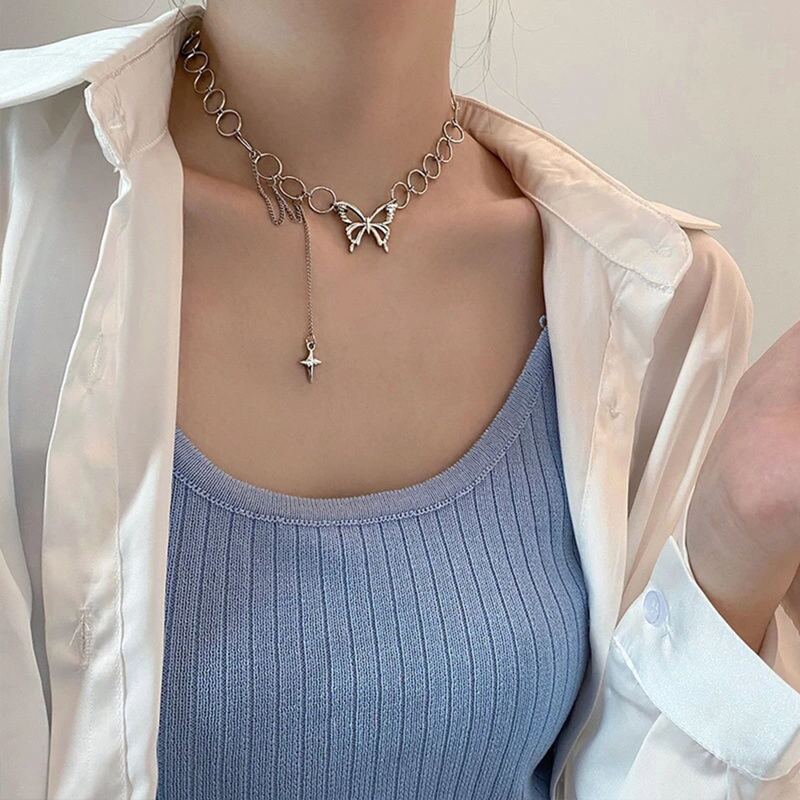 

Butterfly Ring Linked Necklace, Silver