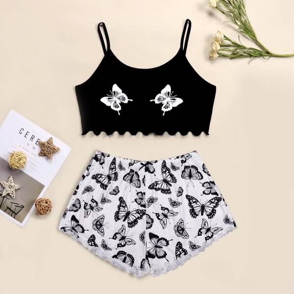 

Plus Butterfly Print Scallop Trim Cami PJ Set, Black and white