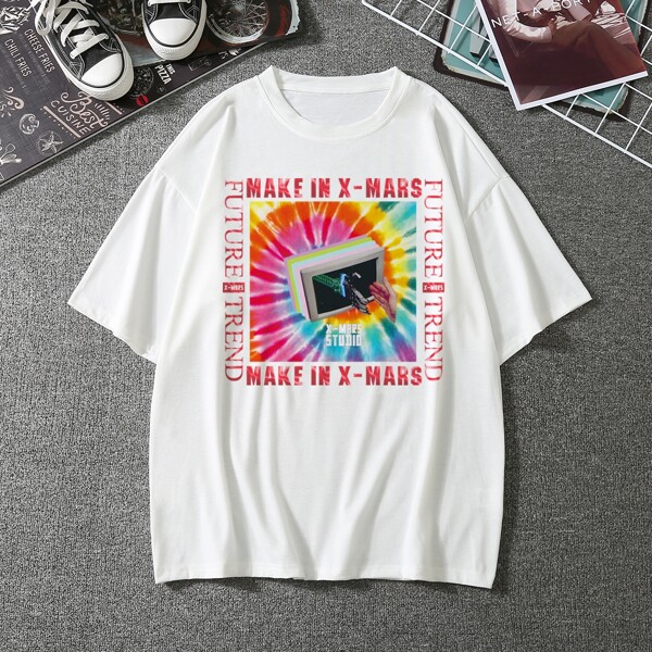 

Men Tie Dye & Letter Graphic Tee, White