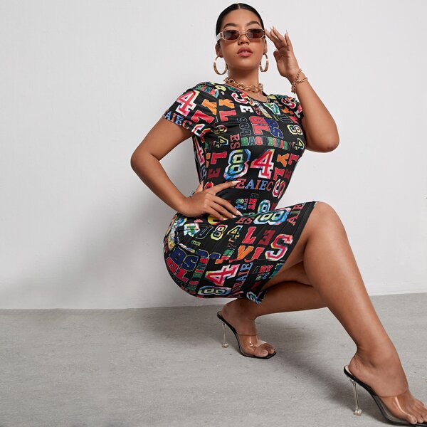 

Plus Letter & Number Print Bodycon Dress, Multicolor