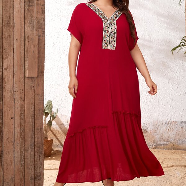 

Plus Contrast Tape Detail Batwing Sleeve Dress, Red