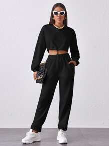 SHEIN Cropped Drawstring Hem Pullover & High-Rise Joggers Set - Black - View 1