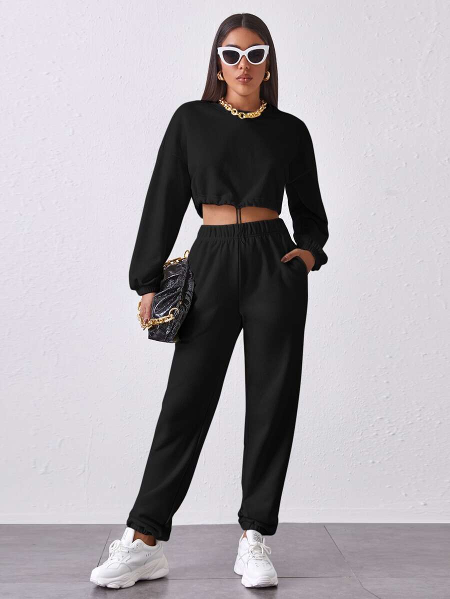 SHEIN Cropped Drawstring Hem Pullover & High-Rise Joggers Set - Black - View 1