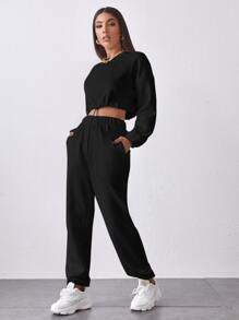 SHEIN Cropped Drawstring Hem Pullover & High-Rise Joggers Set - Black - View 3