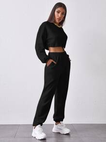 SHEIN Cropped Drawstring Hem Pullover & High-Rise Joggers Set - Black - View 4