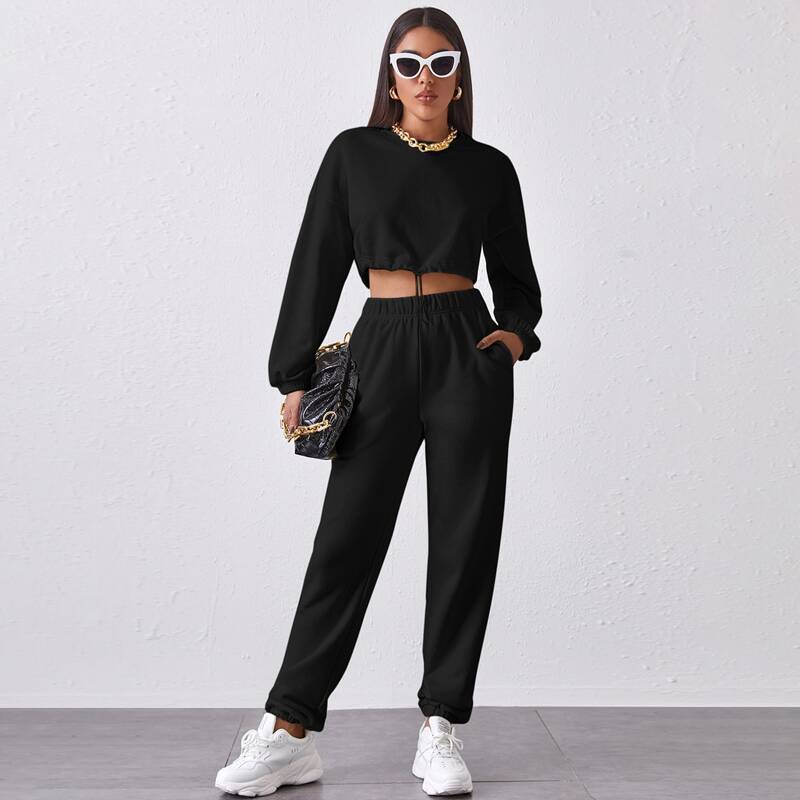 

Cropped Drawstring Hem Pullover & High-Rise Joggers Set, Black