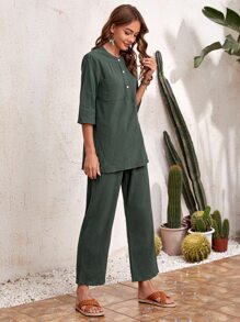 EMERY ROSE 素色半紐扣襯衫和闊腿褲 - 墨綠色 - 查看 1