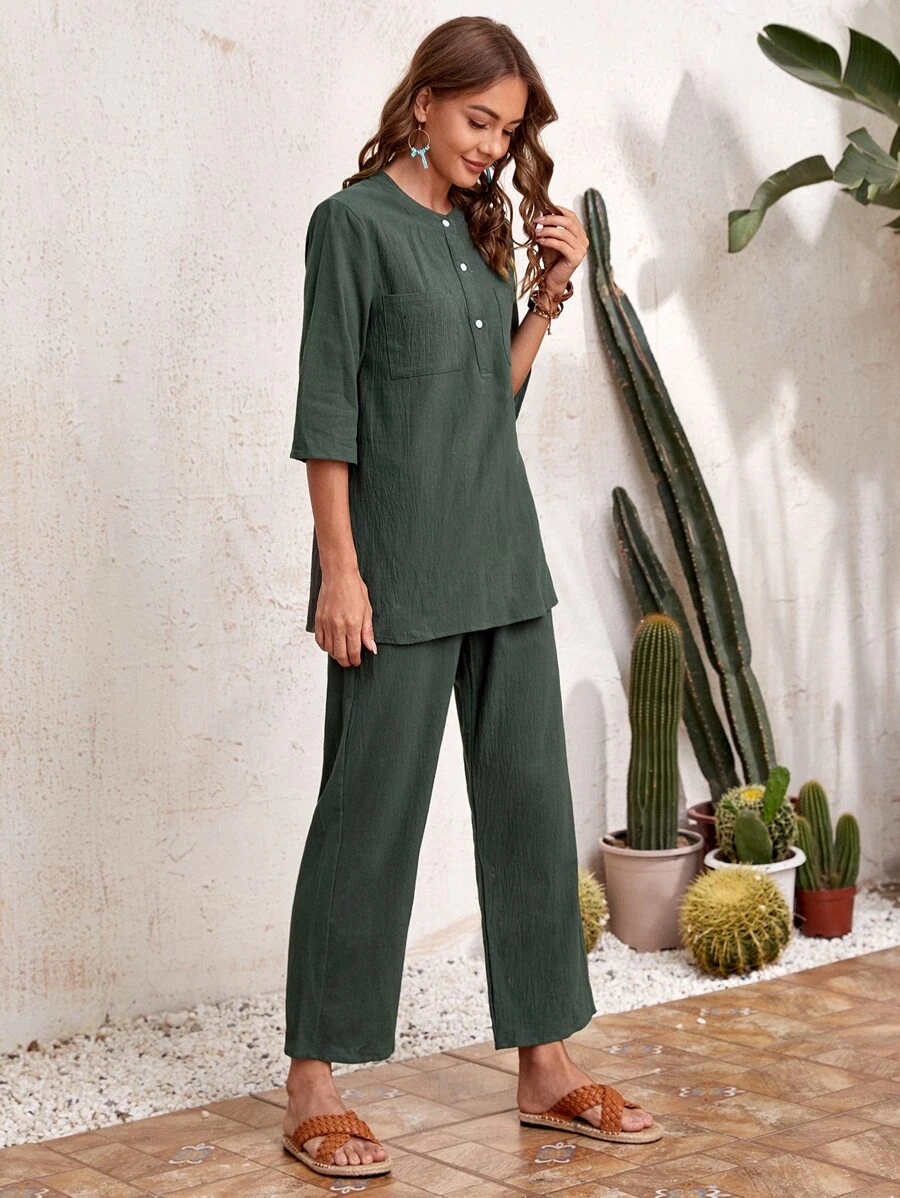 EMERY ROSE 素色半紐扣襯衫和闊腿褲 - 墨綠色 - 查看 1