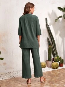 EMERY ROSE 素色半紐扣襯衫和闊腿褲 - 墨綠色 - 查看 2