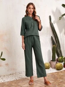 EMERY ROSE 素色半紐扣襯衫和闊腿褲 - 墨綠色 - 查看 3