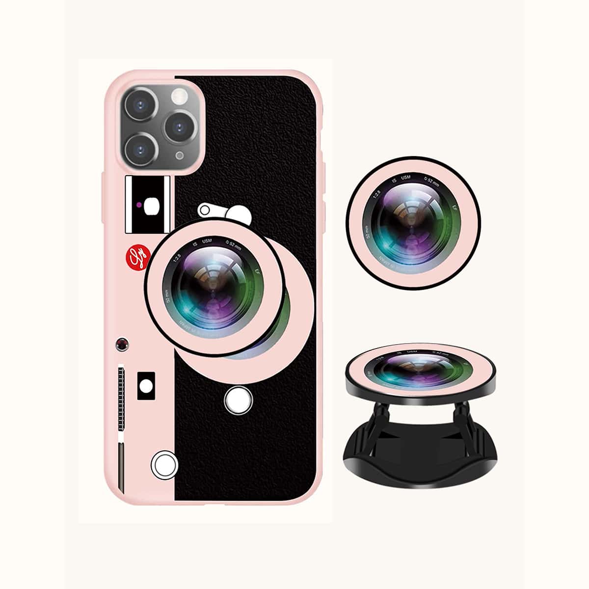 

Camera Pattern Phone Case With Pop-Out Phone Grip, Pink
