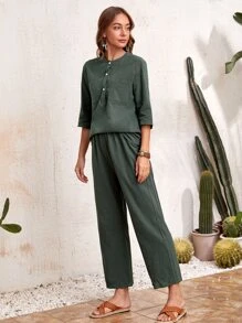 EMERY ROSE 素色半紐扣襯衫和闊腿褲 - 墨綠色 - 查看 4