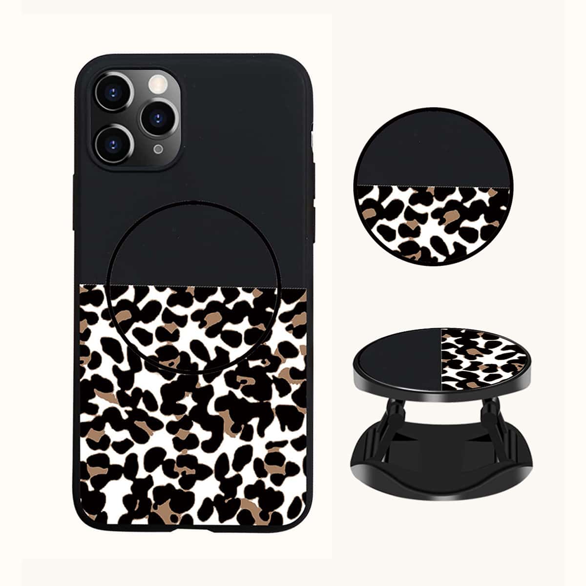 

Leopard Phone Case With Pop-Out Phone Grip, Black and white