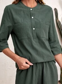 EMERY ROSE 素色半紐扣襯衫和闊腿褲 - 墨綠色 - 查看 5