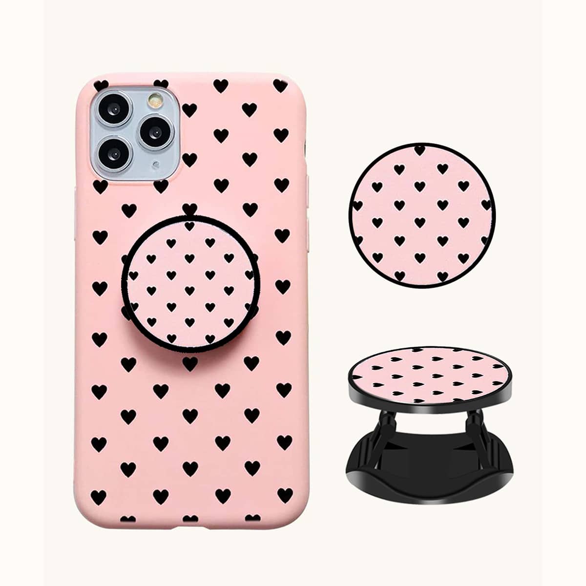 

Heart Print Phone Case With Pop-Out Phone Grip, Baby pink