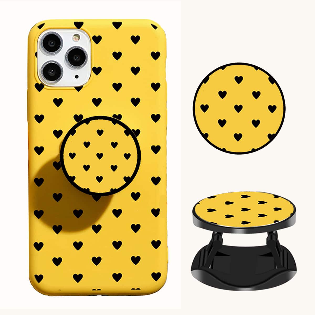 

Heart Print Phone Case With Pop-Out Phone Grip, Yellow
