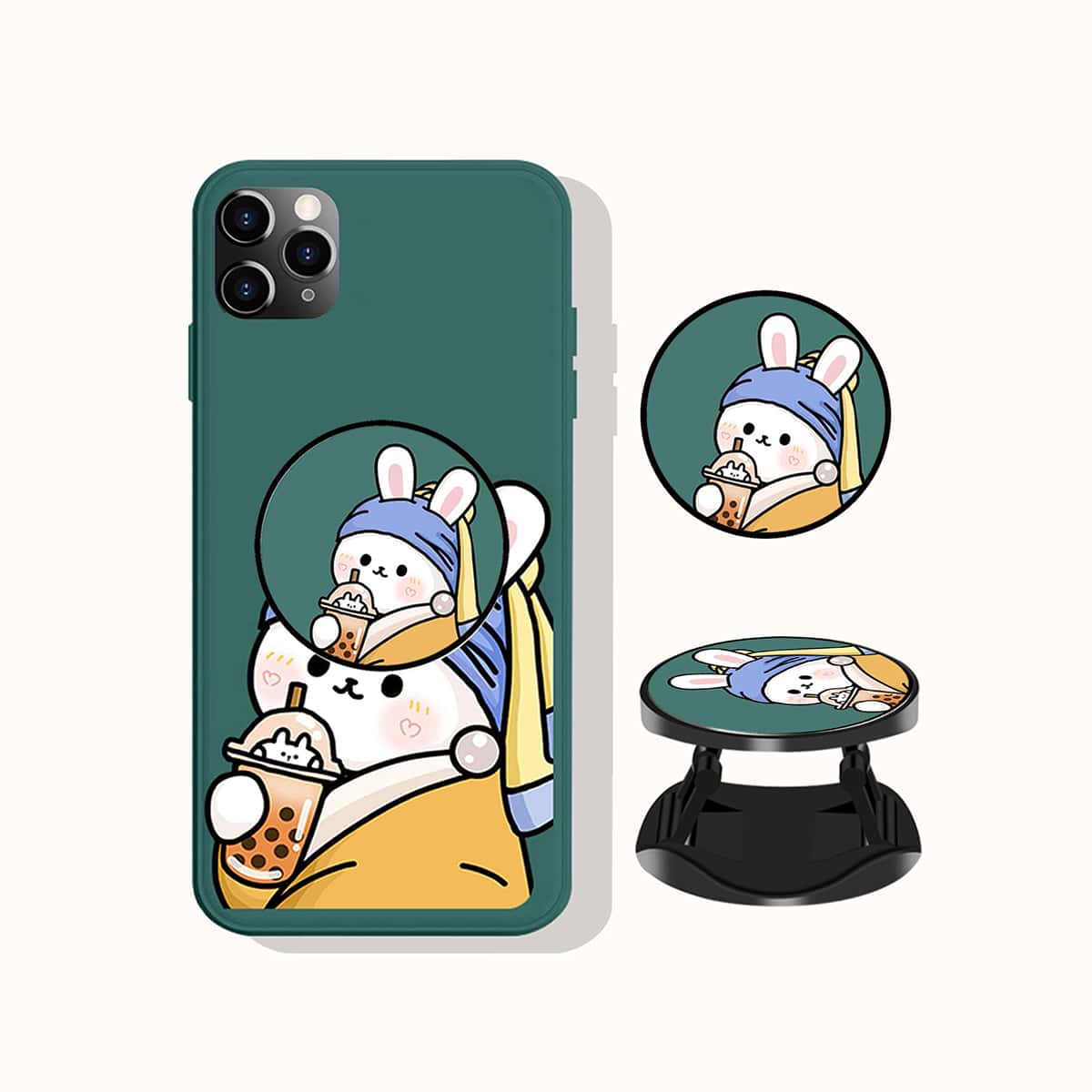 

Cartoon Graphic Phone Case With Pop-Out Phone Grip, Green
