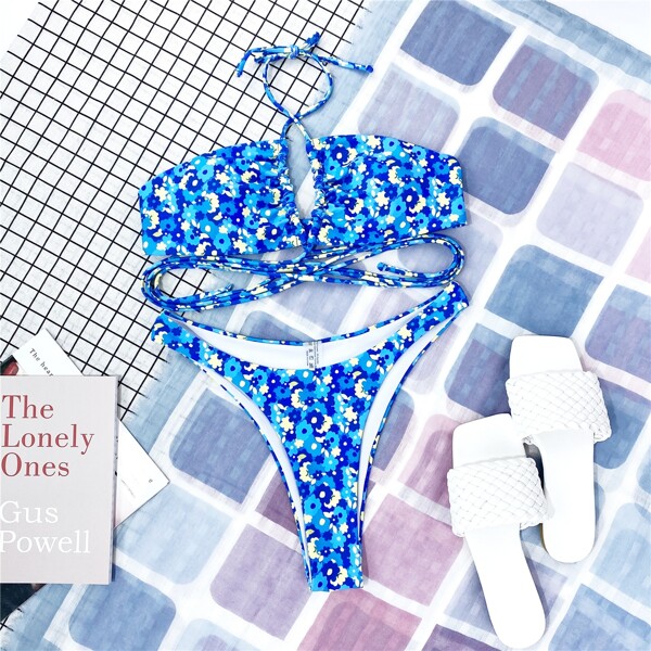 

Ditsy Floral Halter High Cut Bikini Swimsuit, Blue