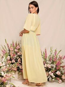 SHEIN 飘袖蕾丝嵌件前系带和服，适合夏季海滩度假 - 黃色 - 查看 2