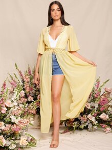 SHEIN 飘袖蕾丝嵌件前系带和服，适合夏季海滩度假 - 黃色 - 查看 3