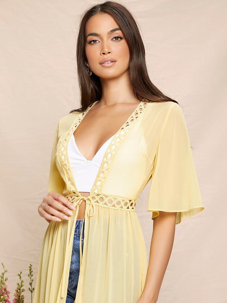 SHEIN Flutter Sleeve Lace Insert Tie Front Kimono, For Summer Beach Vacation - Yellow - View 4