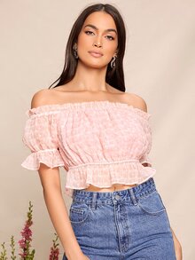 SHEIN Top de hombros descubiertos de manga con volante bajo con fruncido - Rosa - Ver 2