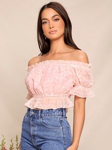 SHEIN Top de hombros descubiertos de manga con volante bajo con fruncido - Rosa - Ver 5