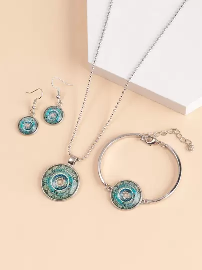 印花圓形吊墜項鍊和手鐲和1雙耳墜