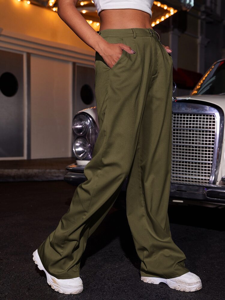 SHEIN Privé High Waist Button Fly Solid Pants - Army Green - View 3