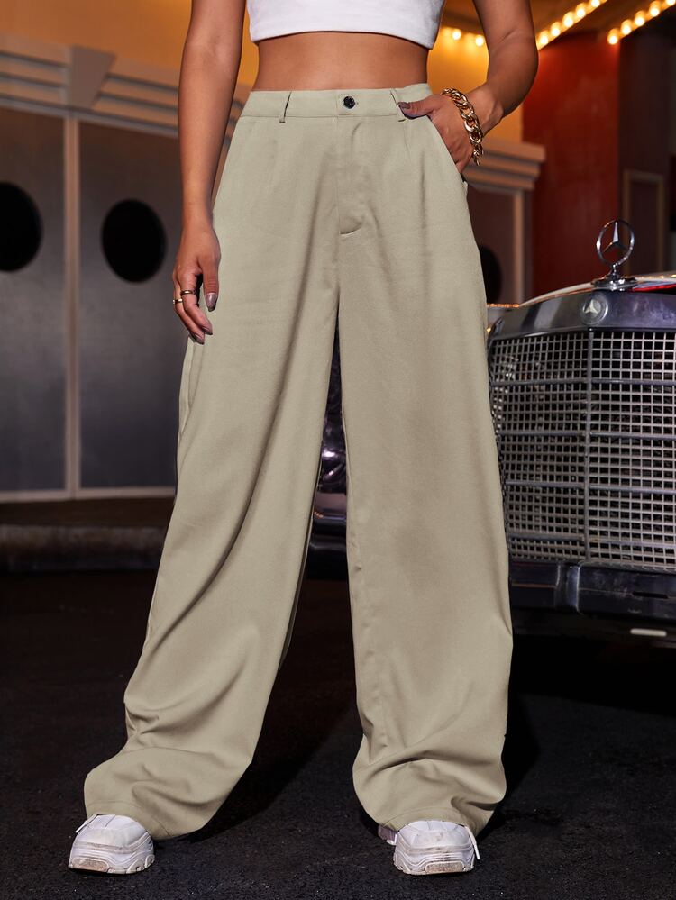 SHEIN Privé High Waist Button Fly Solid Pants - Khaki - View 1