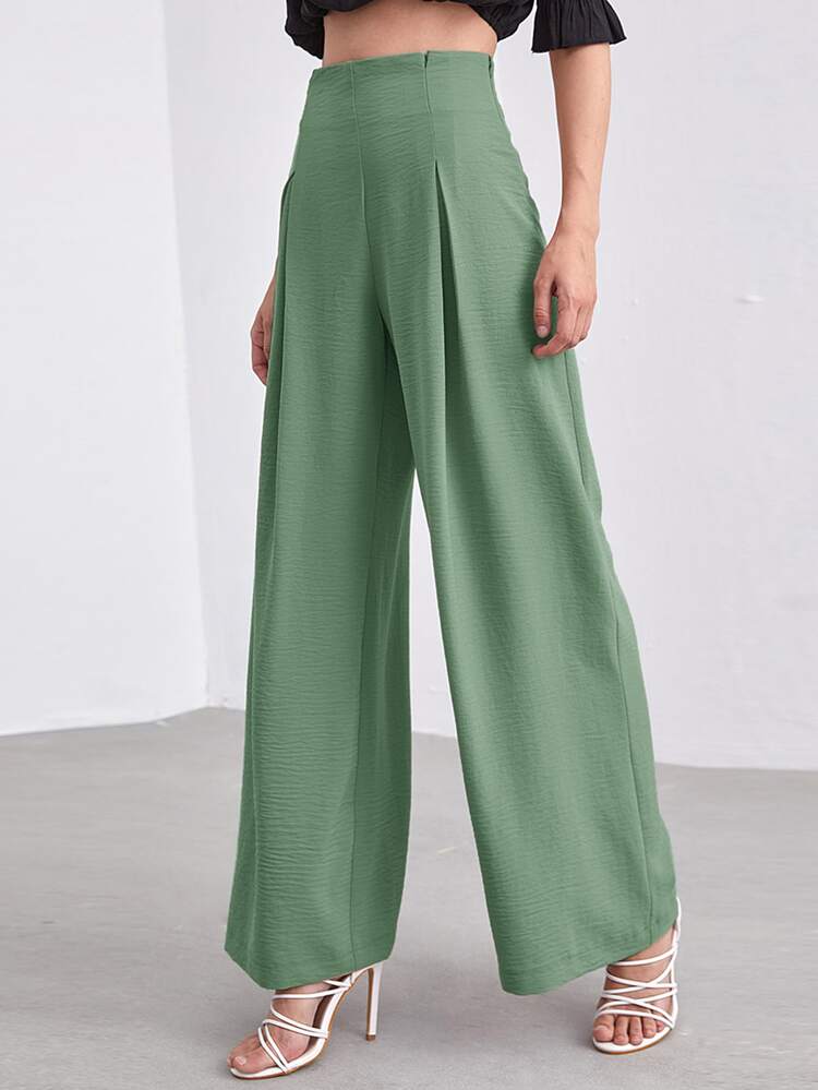 Zip Side Wide Leg Pants - Green - View 1