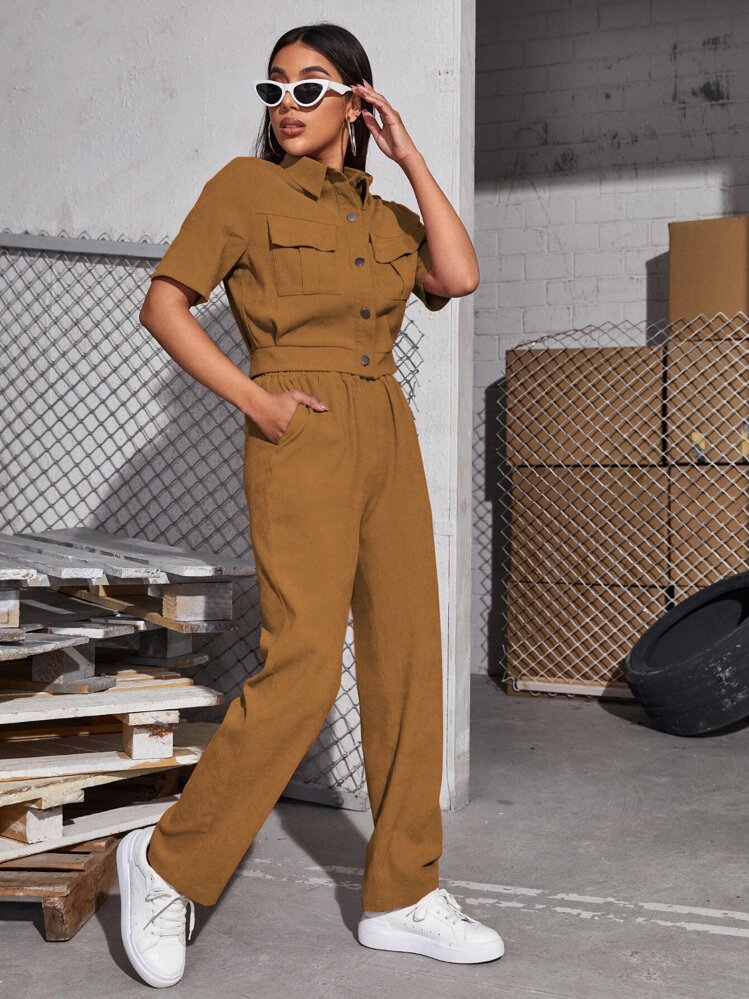 Mulvari Corduroy Flap Pocket Blouse & Pants - Brown - View 4